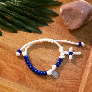 NEW! Rosary Bracelet HANDMADE White on Blue